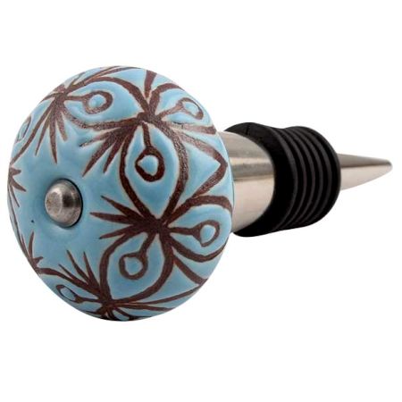 Turquoise Etched Ceramic Floral Wine Stopper